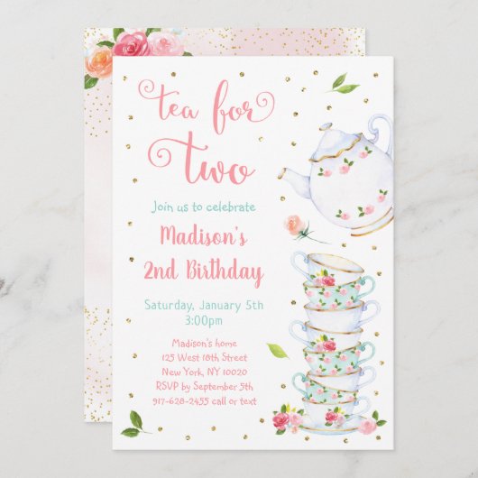 ツーピンク金ゴールドフローラ茶パーティー誕生日 招待状 (正面/裏面)