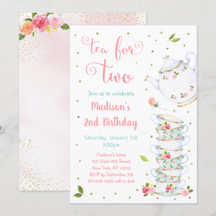 ツーピンク金ゴールドフローラ茶パーティー誕生日 招待状