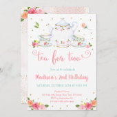 ツーピンク金ゴールドフローラ茶パーティー誕生日 招待状 (正面/裏面)