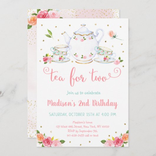 ツーピンク金ゴールドフローラ茶パーティー誕生日 招待状 (正面/裏面)