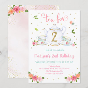 ツーピンク金ゴールド茶パーティー誕生日 招待状