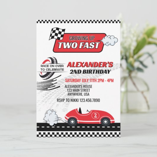 ツーファストレッドレースカー子供の誕生日 招待状 (スタンド正面)