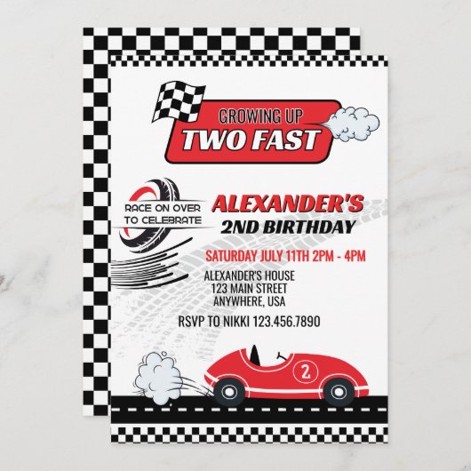 ツーファストレッドレースカー子供の誕生日 招待状 (正面/裏面)
