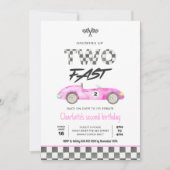 ツーファーストガールピンクレースカーヴィンテージ誕生日 招待状 (正面)
