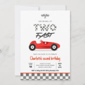 ツーファーストガールレッドレースカーヴィンテージ誕生日 招待状 (正面)