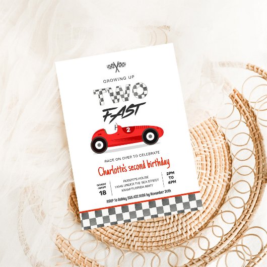 ツーファーストガールレッドレースカーヴィンテージ誕生日 招待状