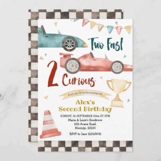 ツーファーストツー好奇心旺盛なレーシングボーイ誕生日 招待状 (正面/裏面)