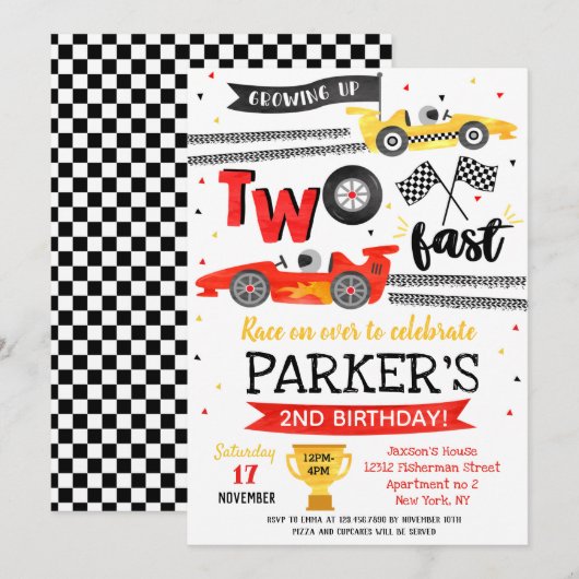 ツーファーストバースデーパーティーレッドレーシングカ― 2歳の誕生日 招待状 (正面/裏面)