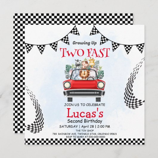 ツーファースト ワイルドジャングル レースカーパーティー 2歳の誕生日 (正面/裏面)