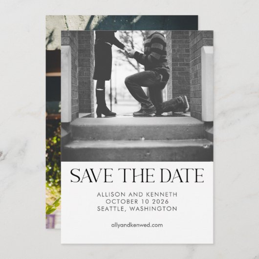 ツーフォトエレガント白黒シ結婚ック セーブザデート (正面/裏面)