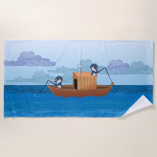 ツーブルーリトルペンギン魚釣り ビーチタオル (正面)