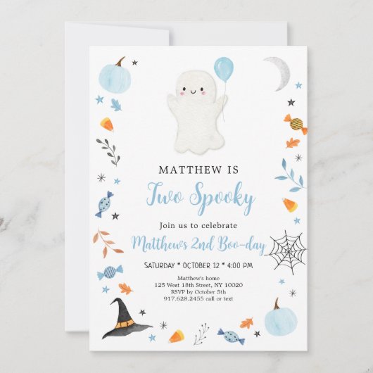 ツーブルー不気味幽霊ハロウィン誕生日 招待状 (正面)