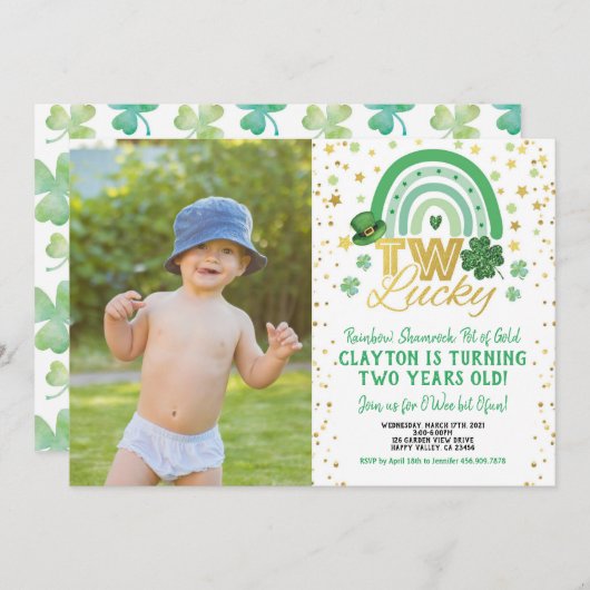 ツーラッキーセカンド誕生日セントパトリックズデイフォト 招待状 (正面/裏面)