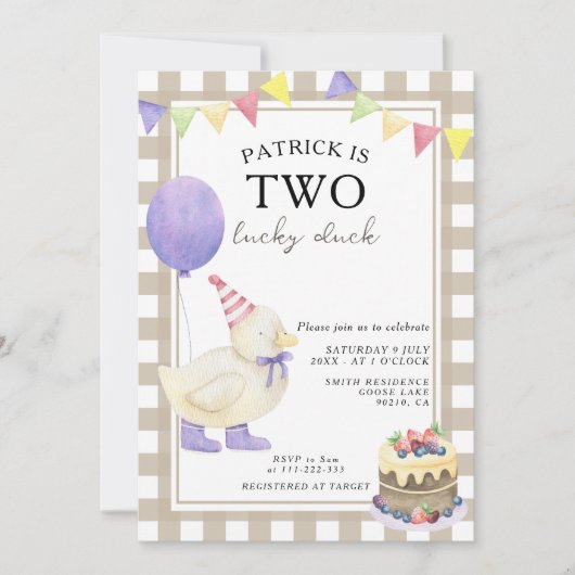 ツーラッキーダック男女兼用ファースト誕生日 招待状 (正面)