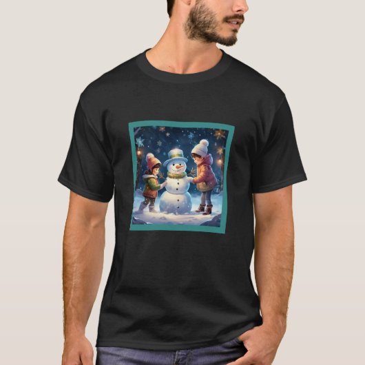 ツーリトルキッズ建物アクリスマス雪だるま Tシャツ (正面)