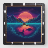 ツールドレザーサンセット魚釣り スクエア壁時計 (正面)