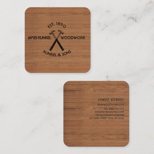 ツールブラックハンマーロゴヴィンテージ木建築 スクエア名刺 (正面/裏面)