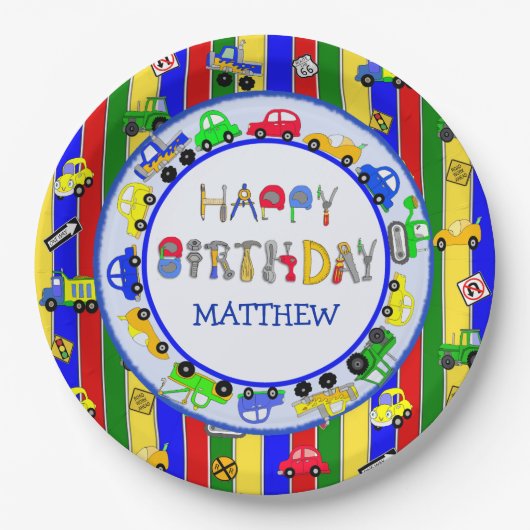 ツール、トラック、車、トラクター誕生日 ペーパープレート (正面)