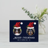 ツーレッドサンタハットカスタム写真テンプレートオンブルー 箔シーズンポストカード (立ち正面)