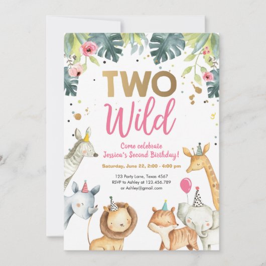 ツーワイルドサファリアニマルズガール誕生日招待状 招待状 (正面)