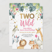 ツーワイルドサファリアニマルズガール誕生日招待状 招待状 (正面/裏面)