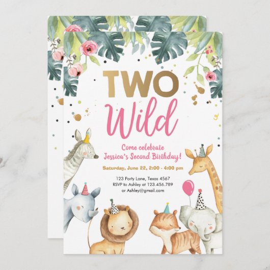ツーワイルドサファリアニマルズガール誕生日招待状 招待状 (正面/裏面)