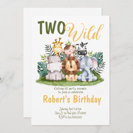 ツーワイルドサファリ子供の誕生日招待状 招待状 (正面/裏面)