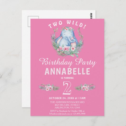 ツーワイルドトロピカルエレファントピンク誕生日招待状 ポストカード (正面/裏面)