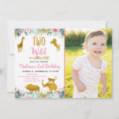 ツーワイルドピンク金ゴールドグリーンリーサファリ誕生日 招待状 (正面)
