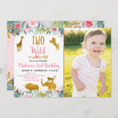 ツーワイルドピンク金ゴールドグリーンリーサファリ誕生日 招待状 (正面/裏面)