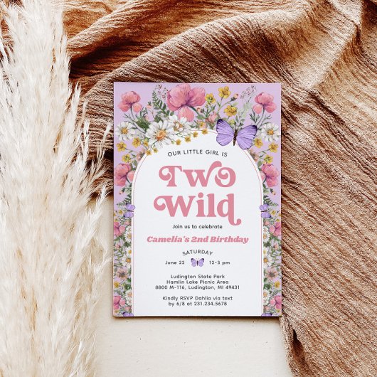 ツーワイルドワイルドフラワーバタフライ誕生日招待状 招待状