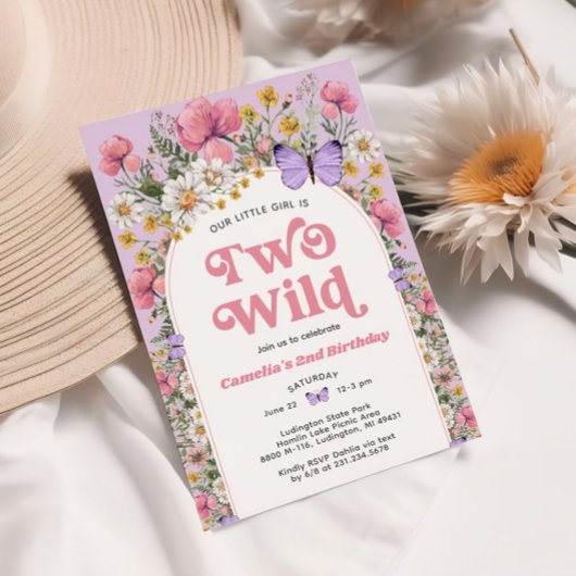 ツーワイルドワイルドフラワーバタフライ誕生日招待状 招待状