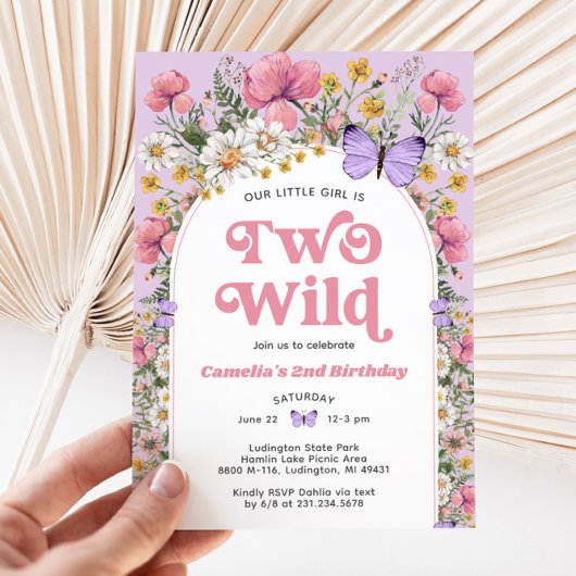 ツーワイルドワイルドフラワーバタフライ誕生日招待状 招待状