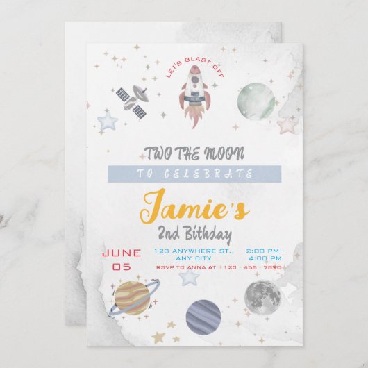 ツーンザムーンセカンドバースデーお祝い 招待状 (正面/裏面)