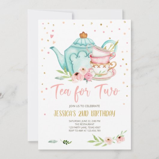 ツー誕生日招待状フローラティーパーティーガール 招待状 (正面)