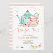 ツー誕生日招待状フローラティーパーティーガール 招待状 (正面/裏面)