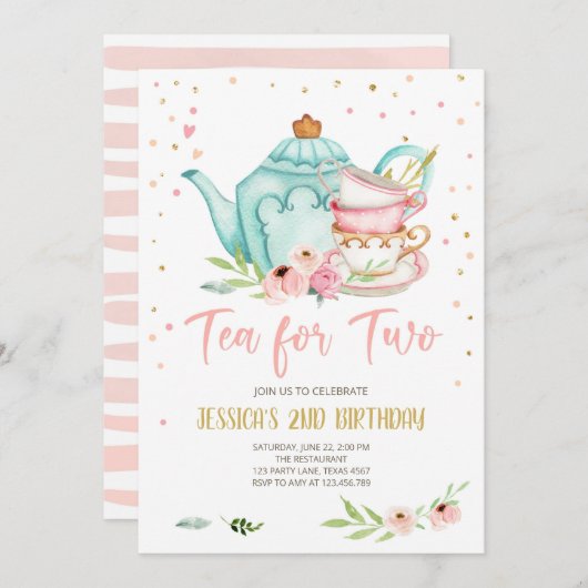 ツー誕生日招待状フローラティーパーティーガール 招待状 (正面/裏面)