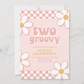 ツー・グルービー・レトロ・チェック・ピンクのデイジー 招待状 (正面)