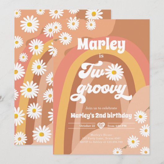 ツー・グルーヴィー セカンドバースデー 2歳 レトロ ボヘミア ダイシー 招待状 (正面/裏面)
