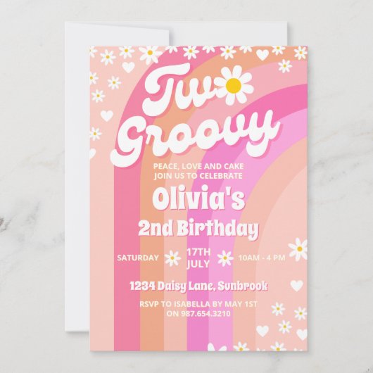 ツー グルーヴィー デイジー レインボー 2歳の誕生日 招待状 (正面)