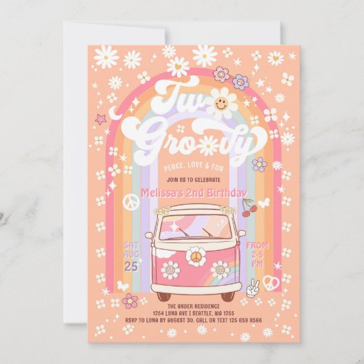 ツー・グルーヴィー・バン・デイジー・ヒッピー 70年代 2歳の誕生日 招待状 (正面)