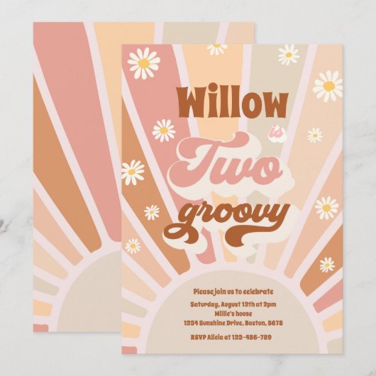 ツー・グルーヴィー・ヒッピー 2歳の誕生日 サンシャイン デイジー 招待状 (正面/裏面)