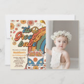 ツー グルーヴィー ベイブ レトロ レインボー 2歳の誕生日写真 招待状 (正面)
