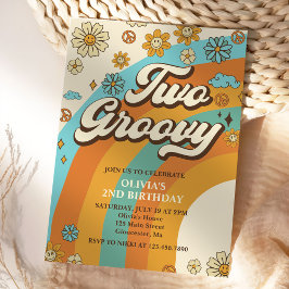 ツー・グルーヴィー・レトロ・レインボー 2歳の誕生日パーティー 招待状