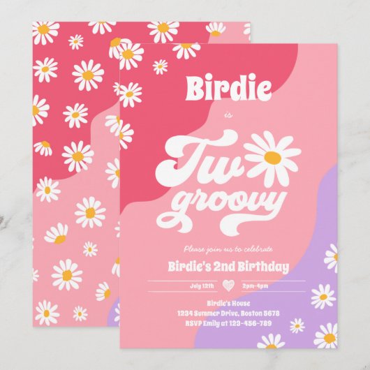 ツー・グルーヴィー 2歳の誕生日パーティー ボヘミアンレトロ ダイシー 招待状 (正面/裏面)