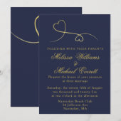 ツー ゴールド ハーツ | ネイビーブルー 結婚式招待状 招待状 (正面/裏面)
