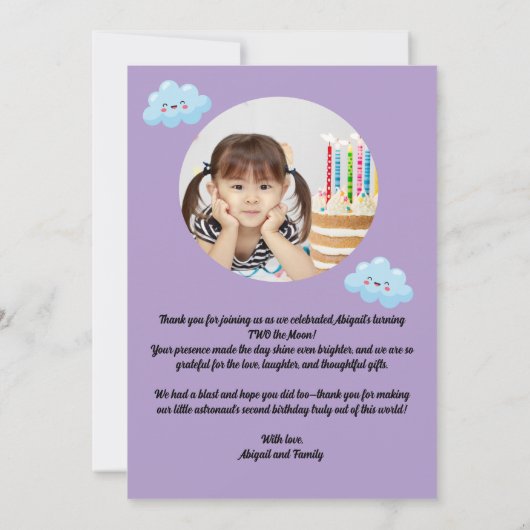 ツー・ザ・ムーン・キュートな誕生日写真の感謝カード 招待状 (裏面)