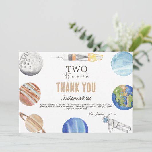 ツー ザ ムーン | モダン スペース 2歳 誕生日 デコレーション サンキューカード (スタンド正面)
