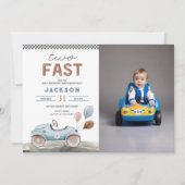 ツー ファスト レーシング カー ブルー ボーイ 2歳 誕生日 写真 招待状 (正面)