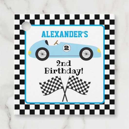 ツー・ファスト・レースカー 青いレーシングカー 男の子 誕生日 フェイバータグ (正面)